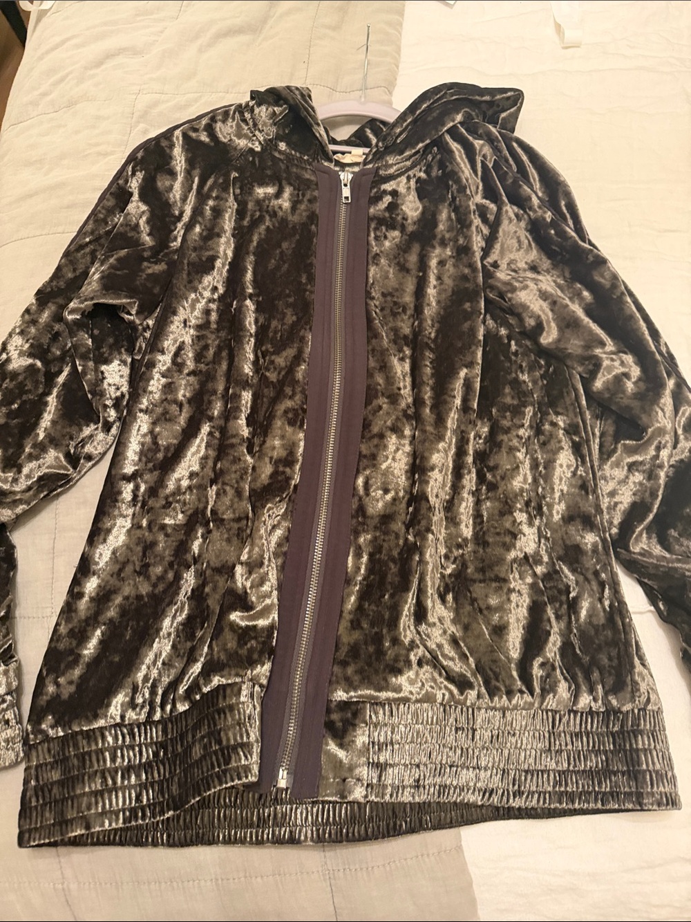 Unbranded Crushed Velvet Zip Up Hoodie Womens Dark Green Excellent Smocked Hem